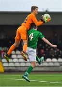 16 November 2018; Scotland goalkeeper Jay Hogarth collects a high ball from Oisin Hand of Republic of Ireland during the U16 Victory Shield match between Republic of Ireland and Scotland at Mounthawk Park in Tralee, Kerry. Photo by Brendan Moran/Sportsfile