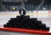 16 November 2018; A general view of pucks prior to the IIHF Continental Cup Third Round Group E match between Stena Line Belfast Giants and Ritten at the SSE Arena in Antrim. Photo by Eoin Smith/Sportsfile