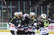 16 November 2018; Alex Free of Ritten Sport, second from left, celebrates after scoring his side's second goal, with team mates, from left, Imants Lescovs, Daniel Tudin and Thomas Spinel during the IIHF Continental Cup Third Round Group E match between Stena Line Belfast Giants and Ritten at the SSE Arena in Antrim. Photo by Eoin Smith/Sportsfile