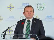 1 November 2018; David Martin President of the Irish Football association during a special announcement that the Football Association of Ireland and the Irish Football Association announcement their intention to submit a joint bid to host the UEFA Under-21 Championship in 2023. at Windsor Park in Belfast. Photo by Oliver McVeigh/Sportsfile