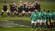 17 November 2018; The haka is performed by New Zealand's All Blacks, led by captain Kieran Read, prior to the Guinness Series International match between Ireland and New Zealand at the Aviva Stadium in Dublin. Photo by David Fitzgerald/Sportsfile