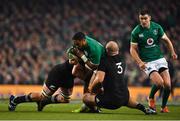 17 November 2018; Bundee Aki of Ireland is tackled by Owen Franks, right, and Kieran Read of New Zealand during the Guinness Series International match between Ireland and New Zealand at the Aviva Stadium in Dublin. Photo by Brendan Moran/Sportsfile