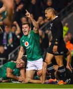 17 November 2018; Jacob Stockdale of Ireland celebrates a try which was disallowed during the Guinness Series International match between Ireland and New Zealand at the Aviva Stadium in Dublin. Photo by Ramsey Cardy/Sportsfile