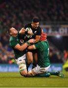 17 November 2018; Richie Mo'unga of New Zealand is tackled by CJ Stander, left, and Josh van der Flier of Ireland during the Guinness Series International match between Ireland and New Zealand at the Aviva Stadium in Dublin. Photo by Brendan Moran/Sportsfile