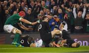 17 November 2018; Jacob Stockdale of Ireland scores his side's first try during the Guinness Series International match between Ireland and New Zealand at the Aviva Stadium in Dublin. Photo by David Fitzgerald/Sportsfile