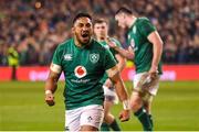 17 November 2018; Bundee Aki of Ireland celebrates following his side's victory in the Guinness Series International match between Ireland and New Zealand at the Aviva Stadium in Dublin. Photo by Ramsey Cardy/Sportsfile