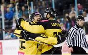 17 November 2018; Damian Tomasik of GKS Katowice, centre, celebrates after scoring his side's third goal, with team mates Patryk Wronka, left, and Nicholas Lopuski during the IIHF Continental Cup Third Round Group E match between Stena Line Belfast Giants and GKS Katowice at the SSE Arena in Belfast. Photo by Eoin Smith/Sportsfile