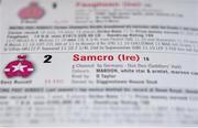 18 November 2018; A detailed view of the racecard, showing the name of Samcro, prior to the Unibet Morgiana Hurdle at Punchestown Racecourse in Naas, Co. Kildare. Photo by Seb Daly/Sportsfile