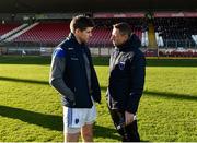 18 November 2018; Kieran Hughes of Scotstown, left, in conversation with Scotstown manager Kieran Donnelly before the AIB Ulster GAA Football Senior Club Championship semi-final match between Eoghan Rua Coleraine and Scotstown at Healy Park in Omagh, Tyrone. Photo by Oliver McVeigh/Sportsfile