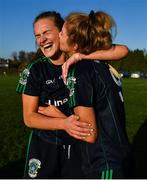 18 November 2018; Amy Connolly, left, and Ciara Ni Mhurchadh of Foxrock-Cabinteely celebrate after the final whistle of the All-Ireland Ladies Senior Club Football Championship Semi-Final 2018 match between Foxrock-Cabinteely and Donaghmoyne at Bray Emmets GAA Club in Bray, Wicklow. Photo by Brendan Moran/Sportsfile