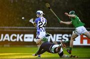 18 November 2018; Collie Basquel of Ballyboden St Enda's, shoots to score his side’s fifth goal despite the  efforts of Stephen Corcoran and Stephen Connolly, right, of Coolderry during the AIB Leinster GAA Hurling Senior Club Championship semi-final match between Ballyboden St Enda's and Coolderry at Parnell Park, in Dublin. Photo by Sam Barnes/Sportsfile