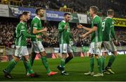 18 November 2018; Northern Ireland players celebrate after Corry Evans scored their side's first goal during the UEFA Nations League match between Northern Ireland and Austria at the National Football Stadium in Windsor Park, Belfast. Photo by David Fitzgerald/Sportsfile