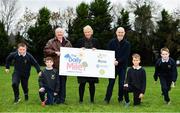 19 November 2018; In attendance at the launch is, The Daily Mile Irish Ambassador Frank Greally, The Daily Mile founder Elaine Wyllie, Ray D’Arcy, RTE Radio DJ with students from Scoil Na Mainistreach, from left, Ryan Garrahie, age 10, from Celbridge, Kildare, Daniel Connelly, age 10, from Celbridge, Kildare, Mateusz Stawski, age 12, from Celbridge Kildare and Adam Bradley, age 11, from Celbridge, Kildare, at The Daily Mile Launch Kildare at Scoil Na Mainistreach in Celbridge, Co Kildare. Photo by Eóin Noonan/Sportsfile