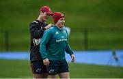 19 November 2018; Neil Cronin is assisted with his GPS device by team-mate Tyler Bleyendaal during Munster Rugby squad training at the University of Limerick in Limerick. Photo by Diarmuid Greene/Sportsfile