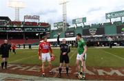 18 November 2018; Referee Seán Cleere with team captains Bill Cooper of Cork and Declan Hannon  of Limerick before the Aer Lingus Fenway Hurling Classic 2018 Final match between Cork and Limerick at Fenway Park in Boston, MA, USA. Photo by Piaras Ó Mídheach/Sportsfile