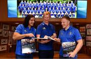 19 November 2018; Double Delight, a picture diary looking back at Leinster Rugby’s historic double winning season, was launched today at Bank of Ireland, 1 Grand Canal Square, Dublin. The 144-page book retraces each game of the season through the Sportsfile team’s lenses from the first round PRO14 away trip in Rodney Parade to the Aviva Stadium. Leinster Rugby also confirmed that thanks to the support of title partner Bank of Ireland and premium partners Laya Healthcare and Life Style Sports, all profits from the sale of Double Delight will be donated to MS Ireland and the Down Syndrome Centre, Leinster’s two charity partners. Pictured at the launch are Leinster head coach Leo Cullen, centre, and Leinster player's James Lowe, left, and James Tracy. Photo by Sam Barnes/Sportsfile