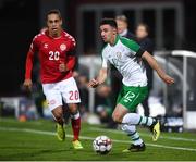 19 November 2018; Enda Stevens of Republic of Ireland in action against Yussuf Poulsen of Denmark during the UEFA Nations League B match between Denmark and Republic of Ireland at Ceres Park in Aarhus, Denmark. Photo by Stephen McCarthy/Sportsfile