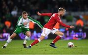 19 November 2018; Nicolai Jørgensen of Denmark in action against Richard Keogh of Republic of Ireland during the UEFA Nations League B match between Denmark and Republic of Ireland at Ceres Park in Aarhus, Denmark. Photo by Stephen McCarthy/Sportsfile