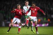 19 November 2018; Ronan Curtis of Republic of Ireland in action against Andreas Bjelland, left, and Mathias Jørgensen of Denmark during the UEFA Nations League B match between Denmark and Republic of Ireland at Ceres Park in Aarhus, Denmark. Photo by Stephen McCarthy/Sportsfile
