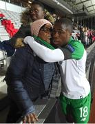 19 November 2018; Michael Obafemi of Republic of Ireland with his mother Bola and brother Affy after the UEFA Nations League B match between Denmark and Republic of Ireland at Ceres Park in Aarhus, Denmark. Photo by Stephen McCarthy/Sportsfile