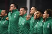 17 November 2018; Ireland players, from left, Jack McGrath, James Ryan, Peter O'Mahony, Jonathan Sexton, Keith Earls, Bundee Aki and Kieran Marmion sing the National Anthem prior to the Guinness Series International match between Ireland and New Zealand at the Aviva Stadium in Dublin. Photo by David Fitzgerald/Sportsfile