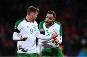 19 November 2018; Aiden O'Brien, left, and Richard Keogh of Republic of Ireland during the UEFA Nations League B group four match between Denmark and Republic of Ireland at Ceres Park in Aarhus, Denmark. Photo by Stephen McCarthy/Sportsfile