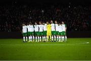 19 November 2018; The Republic of Ireland team during a minute's silence prior to the UEFA Nations League B group four match between Denmark and Republic of Ireland at Ceres Park in Aarhus, Denmark. Photo by Stephen McCarthy/Sportsfile
