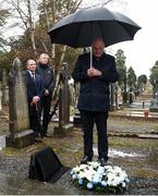 21 November 2018; Uachtarán Chumann Lúthchleas Gael John Horan, right, Dublin senior football manager Jim Gavin and John Costello, Dublin GAA Chief Executive, during the unveiling of a memorial headstone to Bloody Sunday victim John William Scott who was shot and killed aged 14 at Croke Park at Glasnevin Cemetery in Dublin. Photo by David Fitzgerald/Sportsfile