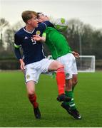 16 November 2018; Gavin O'Brien of Republic of Ireland in action against Liam Morrison of Scotland during the U16 Victory Shield match between Republic of Ireland and Scotland at Mounthawk Park in Tralee, Kerry. Photo by Brendan Moran/Sportsfile