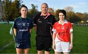 18 November 2018; Referee Jonathan Murphy with team-captains Amy Ring, left, of Foxrock-Cabinteely and Cora Courtney of Donaghmoyne prior to the All-Ireland Ladies Senior Club Football Championship Semi-Final 2018 match between Foxrock-Cabinteely and Donaghmoyne at Bray Emmets GAA Club in Bray, Wicklow. Photo by Brendan Moran/Sportsfile