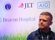21 November 2018; Irish football legend Damien Duff joined Beacon Hospital to launch its new sports medicine initiative with the Leinster Senior Football League, at the National Sports Campus in Abbotstown, Dublin. Previously, access to treatment for injured players in the Leinster Senior Football League could take a significant amount of time and was costly in many cases. Now, players injured during LSL training or match will have quick access to internationally renowned sports medicine experts at Beacon Hospital. Both JLT and AIG have signed up as insurance partners on the programme, so the bulk of injury related medical expenses will be covered, reducing costs for players. Beacon Hospital offers best in class treatments for injury prevention and management, with a multi-disciplinary or team-based approach. Beacon’s Sports Medicine facility allows for rapid player access to sports medicine physicians, orthopaedic consultants and physiotherapy and radiology services. Photo by Stephen McCarthy/Sportsfile
