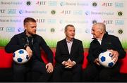 21 November 2018; Irish football legends Damien Duff and John Giles along with Dr Alan Byrne, Consultant in Sports and Exercise Medicine at Beacon Hospital, joined Beacon Hospital to launch its new sports medicine initiative with the Leinster Senior Football League, at the National Sports Campus in Abbotstown, Dublin. Previously, access to treatment for injured players in the Leinster Senior Football League could take a significant amount of time and was costly in many cases. Now, players injured during LSL training or match will have quick access to internationally renowned sports medicine experts at Beacon Hospital. Both JLT and AIG have signed up as insurance partners on the programme, so the bulk of injury related medical expenses will be covered, reducing costs for players. Beacon Hospital offers best in class treatments for injury prevention and management, with a multi-disciplinary or team-based approach. Beacon’s Sports Medicine facility allows for rapid player access to sports medicine physicians, orthopaedic consultants and physiotherapy and radiology services. Photo by Stephen McCarthy/Sportsfile