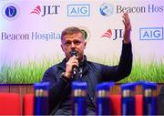 21 November 2018; Former Republic of Ireland international Damien Duff joined Beacon Hospital to launch its new sports medicine initiative with the Leinster Senior Football League, at the National Sports Campus in Abbotstown, Dublin. Previously, access to treatment for injured players in the Leinster Senior Football League could take a significant amount of time and was costly in many cases. Now, players injured during LSL training or match will have quick access to internationally renowned sports medicine experts at Beacon Hospital. Both JLT and AIG have signed up as insurance partners on the programme, so the bulk of injury related medical expenses will be covered, reducing costs for players. Beacon Hospital offers best in class treatments for injury prevention and management, with a multi-disciplinary or team-based approach. Beacon’s Sports Medicine facility allows for rapid player access to sports medicine physicians, orthopaedic consultants and physiotherapy and radiology services. Photo by Stephen McCarthy/Sportsfile