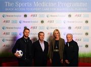 21 November 2018; Irish football legends Damien Duff, left, and John Giles, right, along with Dr Alan Byrne, Consultant in Sports and Exercise Medicine at Beacon Hospital, and JLT partner Amanda Harton joined Beacon Hospital to launch its new sports medicine initiative with the Leinster Senior Football League, at the National Sports Campus in Abbotstown, Dublin. Previously, access to treatment for injured players in the Leinster Senior Football League could take a significant amount of time and was costly in many cases. Now, players injured during LSL training or match will have quick access to internationally renowned sports medicine experts at Beacon Hospital. Both JLT and AIG have signed up as insurance partners on the programme, so the bulk of injury related medical expenses will be covered, reducing costs for players. Beacon Hospital offers best in class treatments for injury prevention and management, with a multi-disciplinary or team-based approach. Beacon’s Sports Medicine facility allows for rapid player access to sports medicine physicians, orthopaedic consultants and physiotherapy and radiology services. Photo by Stephen McCarthy/Sportsfile