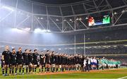 17 November 2018; The New Zealand All Black and Ireland teams stand for the National Anthem prior to the Guinness Series International match between Ireland and New Zealand at Aviva Stadium, Dublin. Photo by Brendan Moran/Sportsfile