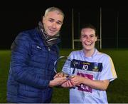 21 November 2018; Donal Barry, Chairman of the Higher Education Committee, presents the player of the match trophy to Lucy McCartan of University College Dublin after the Gourmet Food Parlour HEC Ladies Division 1 League Final 2018 match between University College Dublin and University of Limerick at Stradbally in Laois. Photo by Matt Browne/Sportsfile