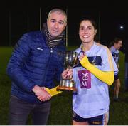 21 November 2018; Donal Barry, Chairman of the Higher Education Committee, presents the cup to Molly Lamb, University College Dublin captain, after the Gourmet Food Parlour HEC Ladies Division 1 League Final 2018 match between University College Dublin and University of Limerick at Stradbally in Laois. Photo by Matt Browne/Sportsfile
