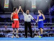 22 November 2018; Kellie Harrington of Ireland has her hand raised in victory following the AIBA Women's World Boxing Championships 2018 Lightweight 60kg semi-final with Karina Ibragimova of Kazakhstan at Indira Gandhi Sport Complex in New Delhi, India. Photo by AIBA/Sportsfile