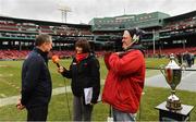 18 November 2018; Gráinne McElwain of TG4 interviews Cork manager John Meyler before the Aer Lingus Fenway Hurling Classic 2018 semi-final match between Clare and Cork at Fenway Park in Boston, MA, USA. Photo by Piaras Ó Mídheach/Sportsfile