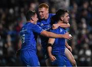23 November 2018; Conor O’Brien of Leinster celebrates after scoring his side's first try with team-mates Ciarán Frawley, centre, and Hugo Keenan, left, during the Guinness PRO14 Round 9 match between Leinster and Ospreys at the RDS Arena in Dublin. Photo by Harry Murphy/Sportsfile