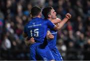 23 November 2018; Conor O’Brien of Leinster celebrates after scoring his side's first try with team-mates Ciarán Frawley, left, and Hugo Keenan, centre, during the Guinness PRO14 Round 9 match between Leinster and Ospreys at the RDS Arena in Dublin. Photo by Harry Murphy/Sportsfile