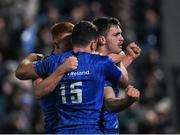 23 November 2018; Conor O’Brien of Leinster celebrates after scoring his side's first try with team-mates Ciarán Frawley, left, and Hugo Keenan, centre, during the Guinness PRO14 Round 9 match between Leinster and Ospreys at the RDS Arena in Dublin. Photo by Harry Murphy/Sportsfile