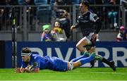 23 November 2018; Max Deegan of Leinster dives over to score his side's sixth try during the Guinness PRO14 Round 9 match between Leinster and Ospreys at the RDS Arena in Dublin. Photo by Seb Daly/Sportsfile