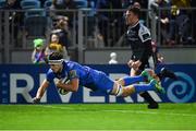 23 November 2018; Max Deegan of Leinster dives over to score his side's sixth try during the Guinness PRO14 Round 9 match between Leinster and Ospreys at the RDS Arena in Dublin. Photo by Seb Daly/Sportsfile