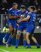 23 November 2018; Max Deegan of Leinster, centre, is congratulated by team-mates Adam Byrne, left, and Jimmy O'Brien after scoring his side's sixth try during the Guinness PRO14 Round 9 match between Leinster and Ospreys at the RDS Arena in Dublin. Photo by Seb Daly/Sportsfile