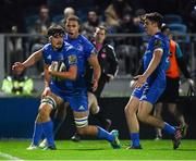 23 November 2018; Max Deegan of Leinster, left, is congratulated by team-mates Adam Byrne, centre, and Jimmy O'Brien after scoring his side's sixth try during the Guinness PRO14 Round 9 match between Leinster and Ospreys at the RDS Arena in Dublin. Photo by Seb Daly/Sportsfile