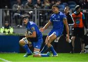23 November 2018; Max Deegan of Leinster, left, is congratulated by team-mate Adam Byrne after scoring his side's sixth try during the Guinness PRO14 Round 9 match between Leinster and Ospreys at the RDS Arena in Dublin. Photo by Seb Daly/Sportsfile