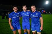 23 November 2018; Jimmy O'Brien, left, Jack Kelly, centre, and Scott Penny following their Leinster debuts at the Guinness PRO14 Round 9 match between Leinster and Ospreys at the RDS Arena in Dublin. Photo by Ramsey Cardy/Sportsfile