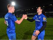 23 November 2018; Ciarán Frawley, left, and James Lowe of Leinster congratulate each other following their side's victory during the Guinness PRO14 Round 9 match between Leinster and Ospreys at the RDS Arena in Dublin. Photo by Seb Daly/Sportsfile
