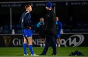 23 November 2018; Leinster head coach Leo Cullen in conversation with Ciarán Frawley ahead of the Guinness PRO14 Round 9 match between Leinster and Ospreys at the RDS Arena in Dublin. Photo by Ramsey Cardy/Sportsfile